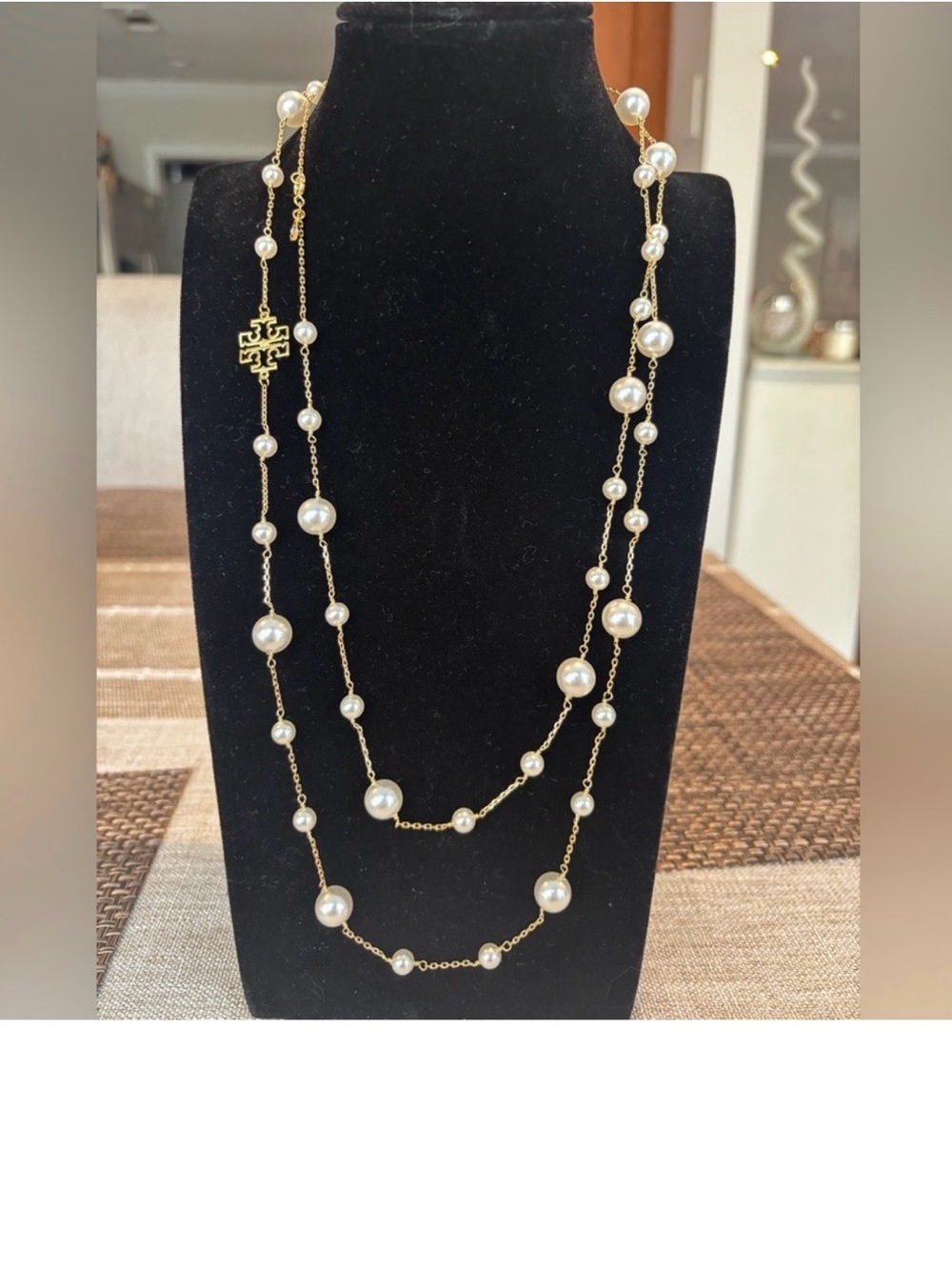 Tory Burch Gold Chain Necklace with White Pearls and Logo Charm